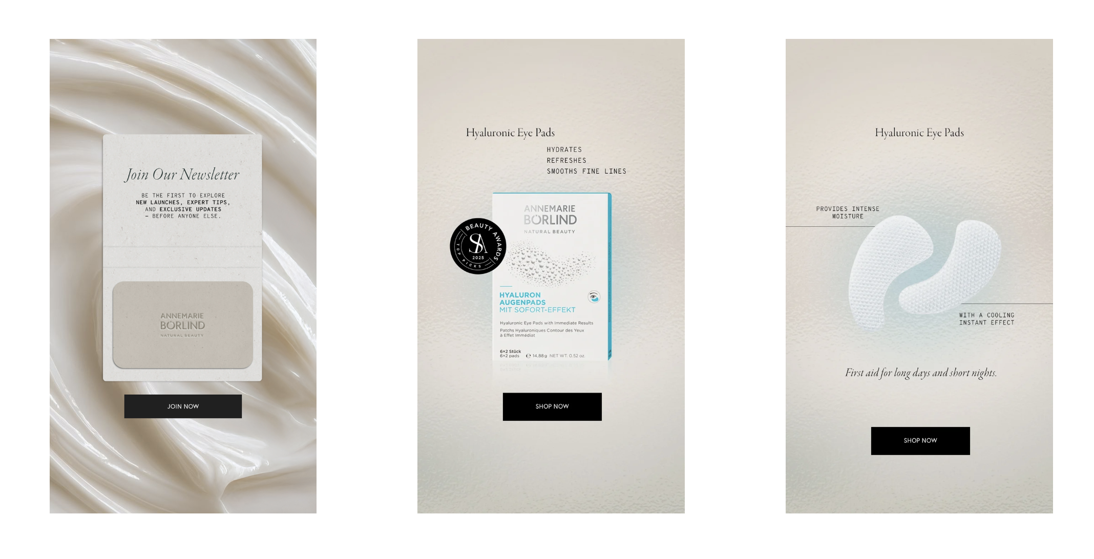 Newsletter invitation and two Hyaluronic Eye Pads stories