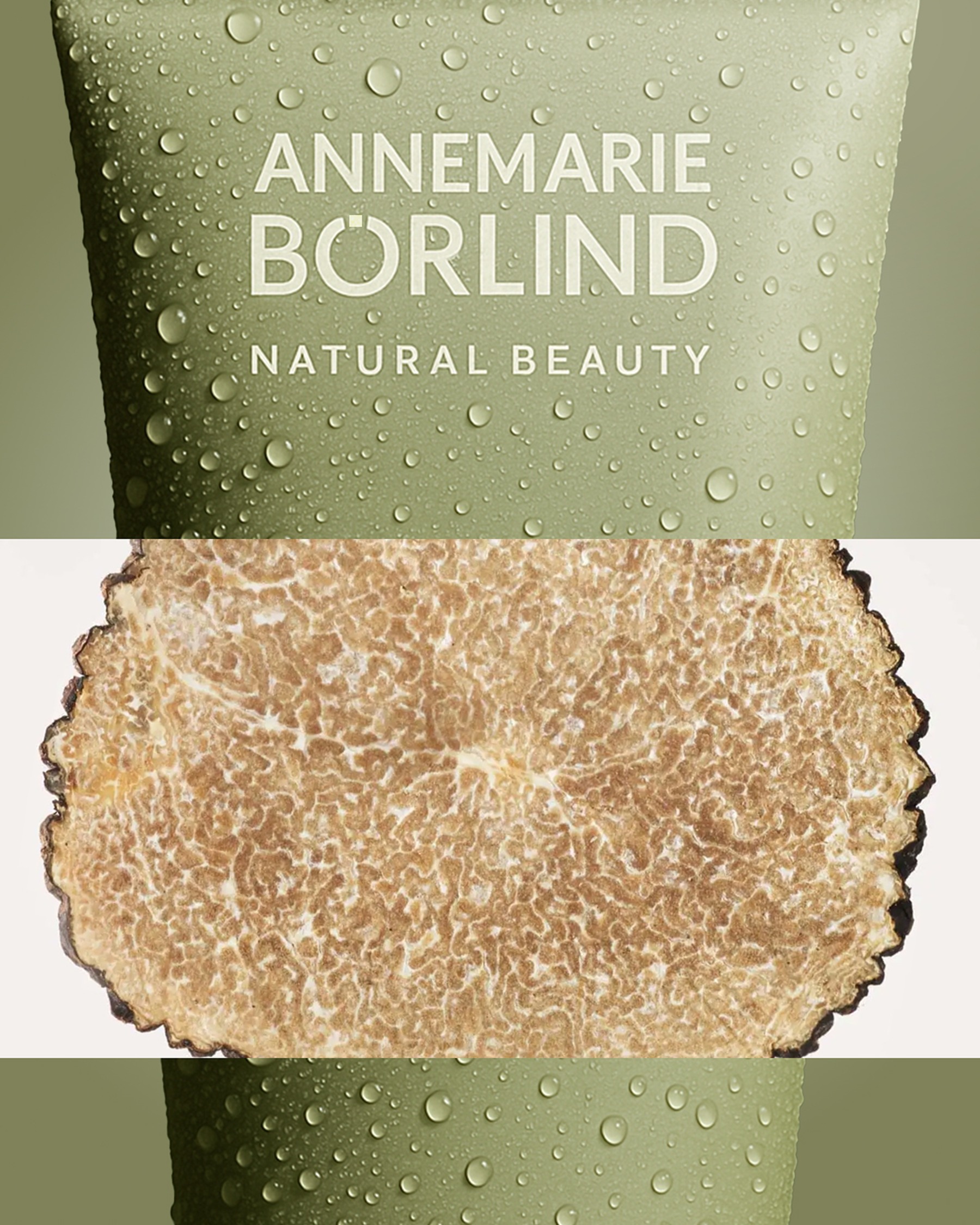 Dew-covered Börlind packaging paired with an ingredient texture